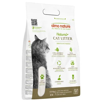 almo nature Natural Cat Litter, 100% plant-based, ultra absorbent, odour control, renewable source, compostable, chemical-free, flushable. Contents: 4.54 kg, lasts 60 days.