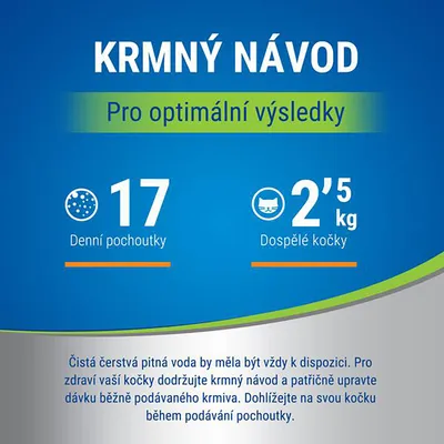 Krmný návod: 17 denných pochúťok pre dospelé mačky s hmotnosťou 2,5 kg. Odporúčanie na čerstvú vodu a úpravu dávky bežného krmiva podľa pokynov.