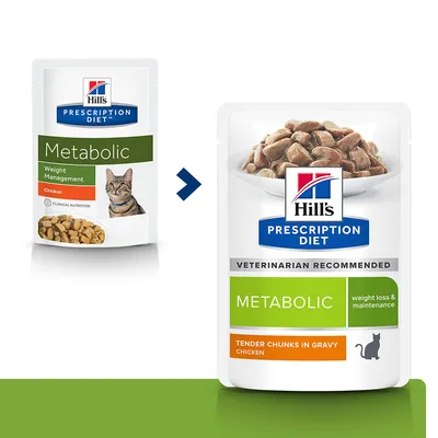 Ancien et nouveau packaging Hill's Prescription Diet Metabolic pour chat, poulet. Ancien : Weight Management Chicken. Nouveau : weight loss & maintenance, Tender Chunks in Gravy Chicken.