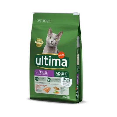 Affinity Ultima Sterilisé Adult 1–10 años, con salmón, cebada y verduras. Pienso para gatos esterilizados. Bolsa de 7,5 kg. Texto en francés y español visible en el envase.