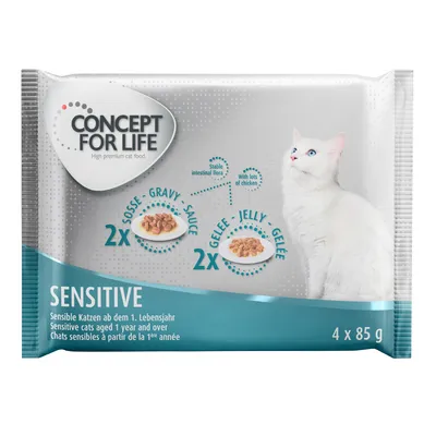 Concept for Life Sensitive Katzenfutter ab dem 1. Lebensjahr, 4 x 85 g, 2x Sosse, 2x Gelee, mit viel Huhn, unterstützt stabile Darmflora.