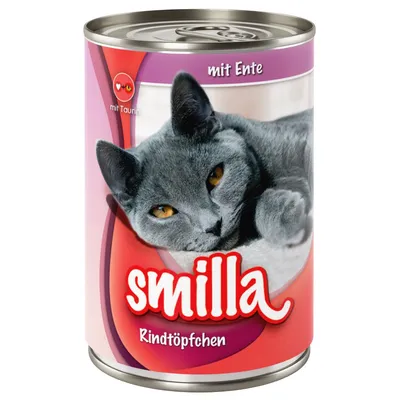 Консерва Smilla Rindtöpfchen за котки, надпис mit Ente, с изображение на сива котка и текст mit Taurin. Текстът е на немски език. Консерва Smilla Rindtöpfchen за котки, надпис mit Ente, с изображение на сива котка и текст mit Taurin. Текстът е на немски език.