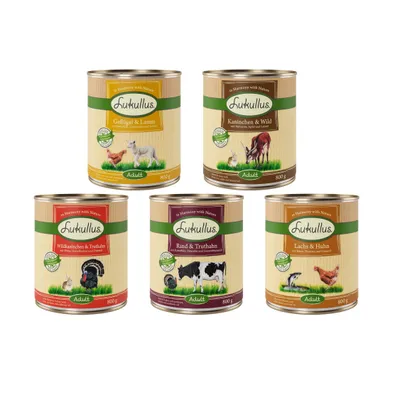 Lukullus Nassfutter für Hunde, Sorten: Geflügel & Lamm, Kaninchen & Wild, Wildkaninchen & Truthahn, Rind & Truthahn, Lachs & Huhn, jeweils 800g Dose.