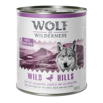 Wolf of Wilderness Wild Hills, 100 % grain-free, canette 800 g. Ente mit Waldbeeren, Wurzeln und Wildkräutern. Duck with fruits of the forest, roots and wild herbs.