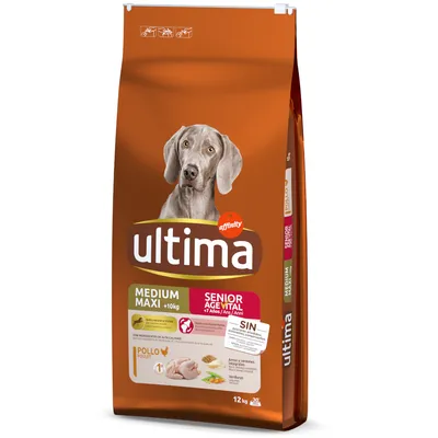 Affinity Ultima Senior Age Vital dog food for medium and maxi dogs from 7 years, with chicken, rice and vegetables. No artificial colourants. Pack size: 12 kg.