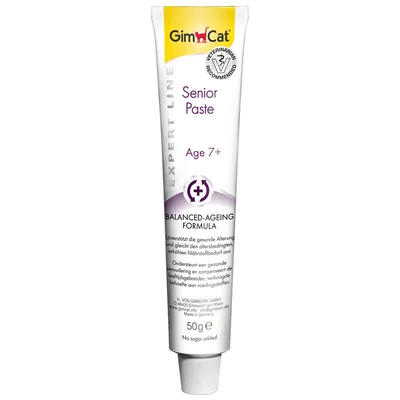 GimCat Senior Paste, Expert Line, Age 7+, Balanced-Ageing Formula, ondersteunt gezonde veroudering, 50 g tube, geen suiker toegevoegd. Tekst deels in het Duits en Engels.