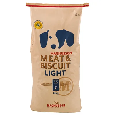 Magnusson Meat & Biscuit Light, protein 20 %, fett 8 %, 14 kg. Svenskt ugnsbakat hundfoder synligt på förpackningen.