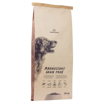 Magnussons Grain Free, 14 kg. Ξηρά τροφή σκύλου χωρίς δημητριακά με φρέσκο κρέας και λαχανικά. Σύμβολα: χωρίς δημητριακά, φρέσκο κρέας, βιώσιμη συσκευασία, σύσταση διατροφής 24/12.