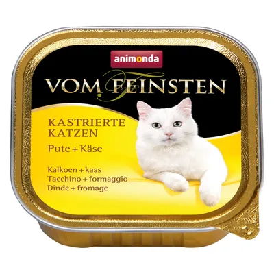 Embalagem Animonda Vom Feinsten para gatos esterilizados, texto visível: KASTRIERTE KATZEN, Pute + Käse, Kalkoen + kaas, Tacchino + formaggio, Dinde + fromage.