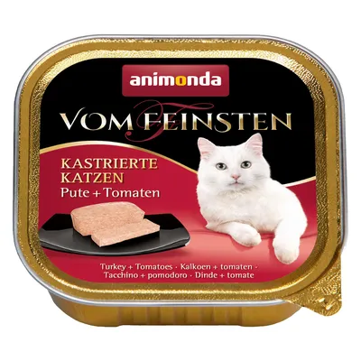 animonda Vom Feinsten KASTRIERTE KATZEN Pute + Tomaten, консервирана храна за котки с пуешко и домати, показана в златиста опаковка с изображение на парче храна и котка.