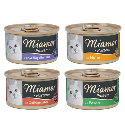 Miamor Pastete, Sorten: mit Geflügelherzen, mit Huhn, mit Geflügelleber, mit Fasan. NEU zarte Rezeptur.