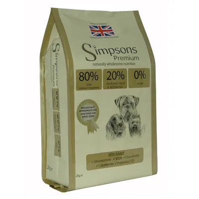 Simpsons Premium hundefoder til voksne, 80% fisk, 20% frugt/grøntsager, 0% korn. Tilsat glucosamin, MSM, chondroitin, tranebær, præbiotika FOS. Pakning: 2 kg.