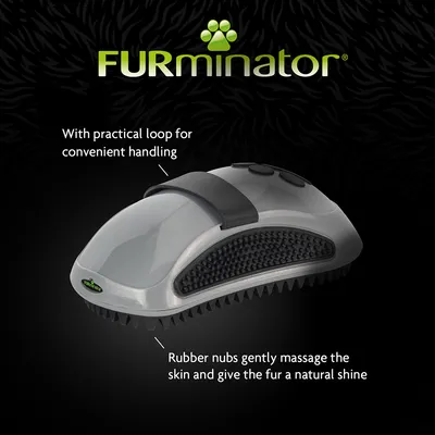 Grooming brush with a practical loop for convenient handling and rubber nubs that gently massage the skin and give the fur a natural shine, as shown in the image.