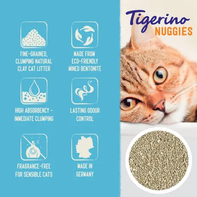 Tigerino Nuggies. Fine-grained, clumping natural clay cat litter. Made from eco-friendly mined bentonite. High absorbency, immediate clumping. Lasting odour control. Fragrance-free. Made in Germany. Tekst na engleskom jeziku.