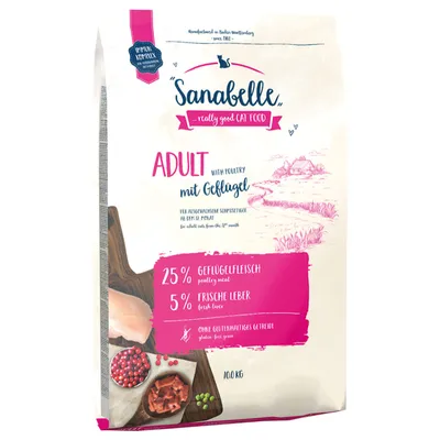 Sanabelle Adult with poultry, 25% poultry meat, 5% fresh liver, gluten-free grains. For adult cats from 12 months. Pack size: 10 kg.