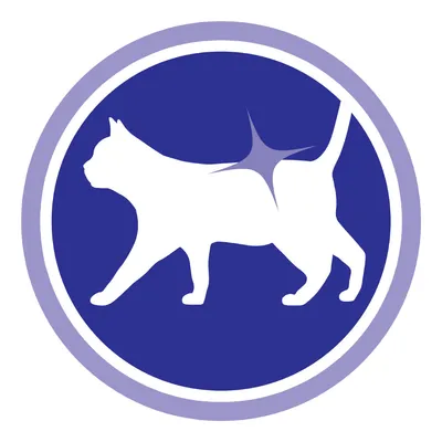 Biały sylwetkowy kot na niebieskim tle z fioletową gwiazdką w okolicy grzbietu, symbol graficzny bez tekstu.
