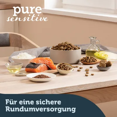 pure sensitive. Zutaten wie Lachs, Reis, Öl und Trockenfutter für eine sichere Rundumversorgung.