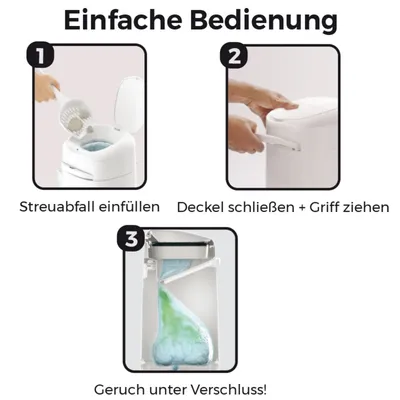 Anleitung zur einfachen Bedienung: 1. Streuabfall einfüllen, 2. Deckel schließen und Griff ziehen, 3. Geruch unter Verschluss halten.