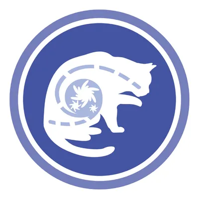 White cat silhouette with dashed line and stylised stomach graphic inside a blue circle. No text or brand name visible.