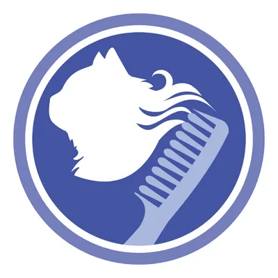 Icon showing a cat’s head with long fur and a comb, both in white and blue circle. No text visible.