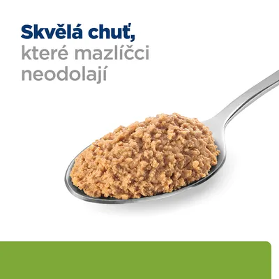 Text v češtine: Skvělá chuť, které mazlíčci neodolají. Lyžica s porciou mletého krmiva pre domáce zvieratá.