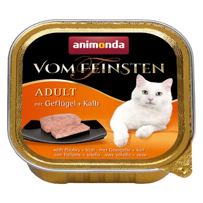 animonda Vom Feinsten ADULT mit Geflügel + Kalb, comida húmeda para gatos adultos con ave y ternera. Imagen de un gato blanco y porción del producto en bandeja.