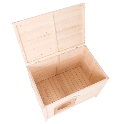 Caisse ou niche en bois clair avec couvercle ouvert et entrée ronde visible sur le devant. Aucun texte ni marque apparente.