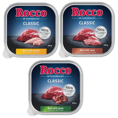 Three packs labelled Classic: beef with chicken, beef with lamb, and beef with game. Each states 100% fresh ingredients and grain-free. Each pack contains 300g.