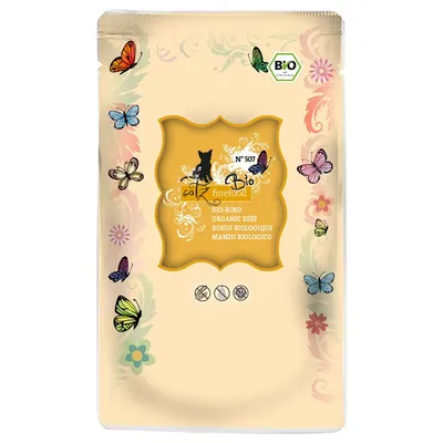 catz finefood Bio N°507, BIO-RIND, ORGANIC BEEF, BOEUF BIOLOGIQUE, MANZO BIOLOGICO. Pakkauksessa perhoskuvioita ja BIO-merkki yläkulmassa.