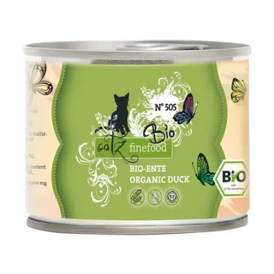 catz finefood Bio N°505, BIO-ENTE ORGANIC DUCK, vihreä etiketti, Bio-sertifikaatti, kissan siluetti ja perhosia näkyvissä purkin etiketissä