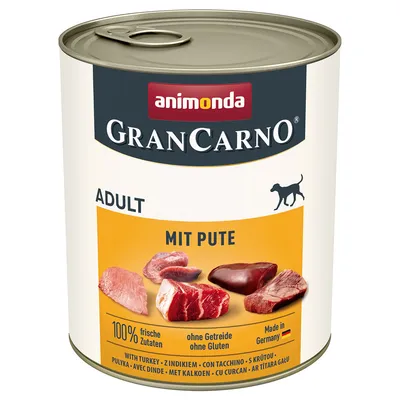 animonda GranCarno ADULT MIT PUTE tin, dog icon, 100% frische Zutaten, ohne Getreide ohne Gluten, Made in Germany, images of raw meat pieces, with turkey in multiple languages