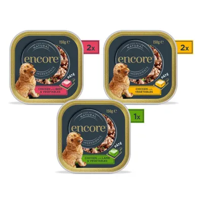 Pack contains 2x chicken with beef and vegetables, 2x chicken with vegetables, and 1x chicken with lamb and vegetables pâté trays, each 150g.