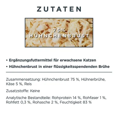 Zutaten: Ergänzungsfuttermittel für erwachsene Katzen. Zusammensetzung: 75% Hühnerbrust, Hühnerbrühe, Käse 5%, Reis. Zusatzstoffe: Keine. Analytische Bestandteile: Protein 14%, Feuchtigkeit 83%.