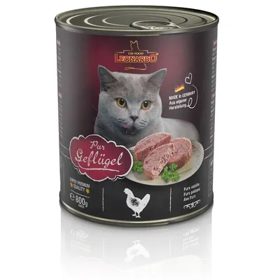 Leonardo cibo per gatti Pur Pollame, qualità Super Premium, lattina da 800g. Made in Germany, produzione propria. In foto: gatto grigio e paté di pollame su piatto.