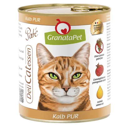 Lata de paté GranataPet DeliCatessen Kalb PUR para gatos. Texto visible: Ohne Getreide, Granatapfelkerne, Lachsöl. Imagen de un gato y símbolos de ingredientes en la etiqueta.