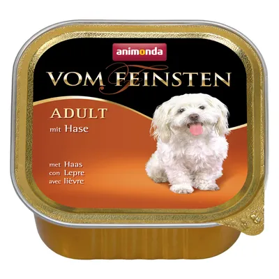 Корм для собак animonda Vom Feinsten ADULT mit Hase. На упаковке изображена белая собака, текст на немецком, французском, итальянском и нидерландском языках.
