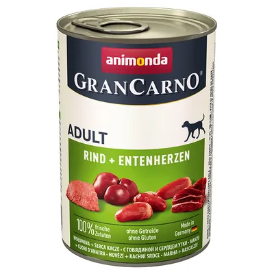Konzerva animonda GranCarno Adult Rind + Entenherzen, hovädzie a kačacie srdce, 100 % čerstvé ingrediencie, bez obilnín a gluténu, vyrobené v Nemecku. Text v nemčine a slovenčine.