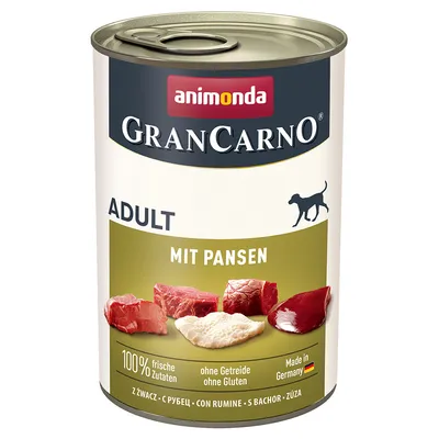 Konzerva animonda GranCarno ADULT MIT PANSEN, 100% frische Zutaten, ohne Getreide ohne Gluten, Made in Germany. Zobrazené kúsky mäsa a bachora na etikete.