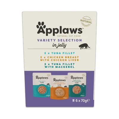 Applaws Variety Selection in Jelly: 2x tuna fillet, 2x chicken breast with chicken liver, 2x tuna fillet with mackerel, 6x 70g. Made with natural ingredients. Applaws Variety Selection in Jelly: 2x tuna fillet, 2x chicken breast with chicken liver, 2x tuna fillet with mackerel, 6x 70g. Made with natural ingredients.