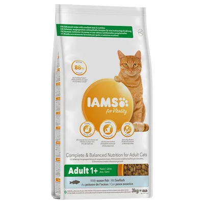 IAMS for Vitality croquettes pour chat adulte 1+ an, au poisson de l’océan, 88 % protéines animales, sac de 3 kg. Texte visible en anglais, allemand, français et italien.