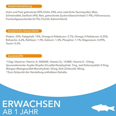 Sestava: piščanec in puran 40 %, riž, ribe 4 %. Analiza: beljakovine 35 %, maščobe 14 %, omega-6 2,7 %, vlaknine 1,9 %. Vitamini: A 50000 IE, D₃ 1438 IE, E 124 mg. Za odrasle od 1 leta.