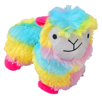 Plush toy shaped like a colourful llama in yellow, blue, pink and green. Suitable for pets to play with.