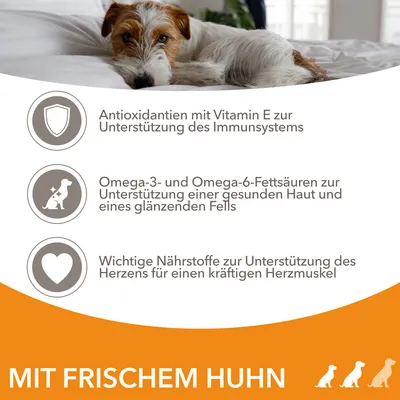 Antioxidantien mit Vitamin E für Immunsystem, Omega-3 und -6 für Haut und Fell, Nährstoffe für Herzgesundheit. Mit frischem Huhn.