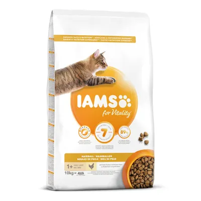IAMS for Vitality Hairball kissanruoka, 10 kg. Näkyvissä oranssi brändilogo, kuva kissasta ja nappuloista. Teksti: 1+ vuotta, 89 % eläinproteiinia, tukee 7 elintoimintoa.