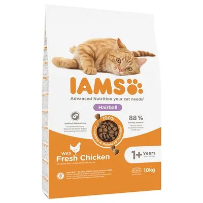 IAMS Hairball kattenvoer, met verse kip, 88% dierlijk eiwit, geschikt voor katten vanaf 1 jaar, verpakking van 10 kg. Tekst: Advanced Nutrition your cat needs, Complete & Balanced Nutrition.