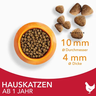Katzenfutter für Hauskatzen ab 1 Jahr. Kroketten mit 10 mm Durchmesser und 4 mm Dicke, dargestellt in einem Napf und einzeln.