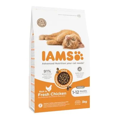 IAMS kattenvoer kitten 1–12 maanden, rijk aan verse kip, 91% dierlijk eiwit, 3 kg. Tekst: Advanced Nutrition your cat needs, 100% complete & balanced nutrition.