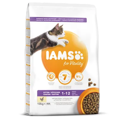 IAMS for Vitality kissanpentujen kuivaruoka, 1–12 kuukautta, tuoretta kanaa, 10 kg. Pakkauksessa kissa ja ruokakuppi, näkyvissä englanninkielistä tuotetietoa.