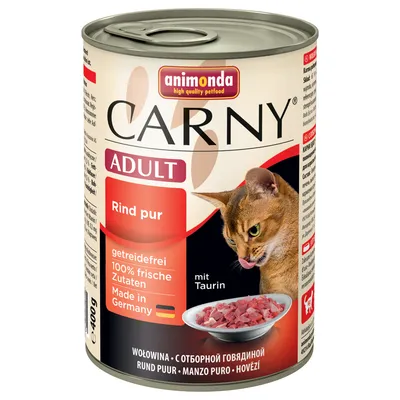 animonda CARNY ADULT Rind pur, getreidefrei, 100% frische Zutaten, Made in Germany, mit Taurin, dåse 400 g. Billede af kød i skål og kat. Tekst på flere sprog nederst.