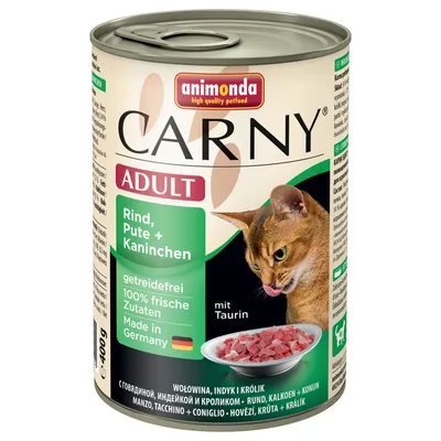 animonda CARNY ADULT Rind, Pute + Kaninchen. Getreidefrei, 100% frische Zutaten, Made in Germany, mit Taurin. Dåse på 400 g med billede af kød i skål.